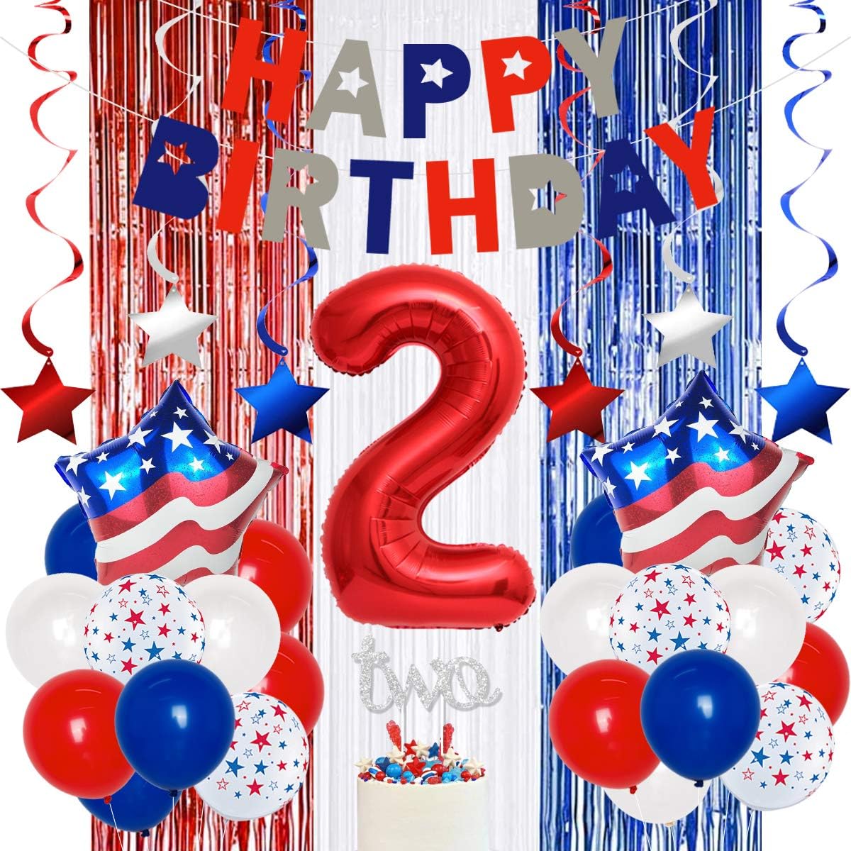 Patriotic Party Decorations Red White and Blue 2nd Birthday Party Supplies American Flag Happy Birthday Banner Tinsel Curtain Silver Cake Topper Number 2 Foil Balloons