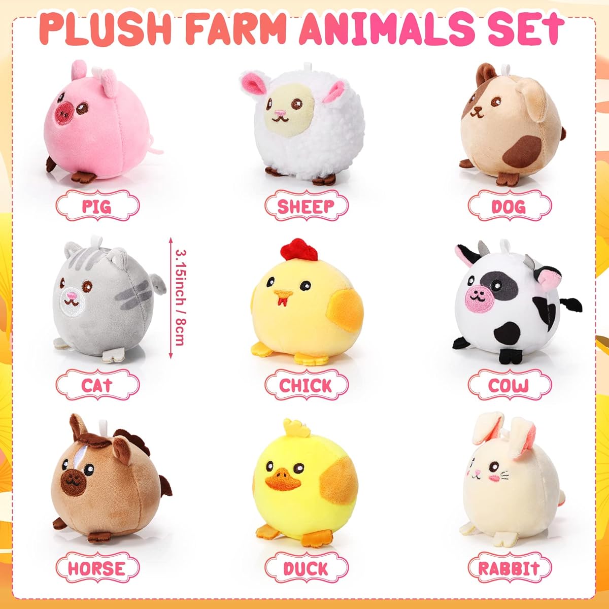 Skylety 9 Mini Plush Toys Bulk 3.15" Soft Thaw Animal Stuffed Animals for Kids Baby Shower Birthday Party Decorations Christmas Tree Hanging Easter Egg Fillers (Farm Animals)