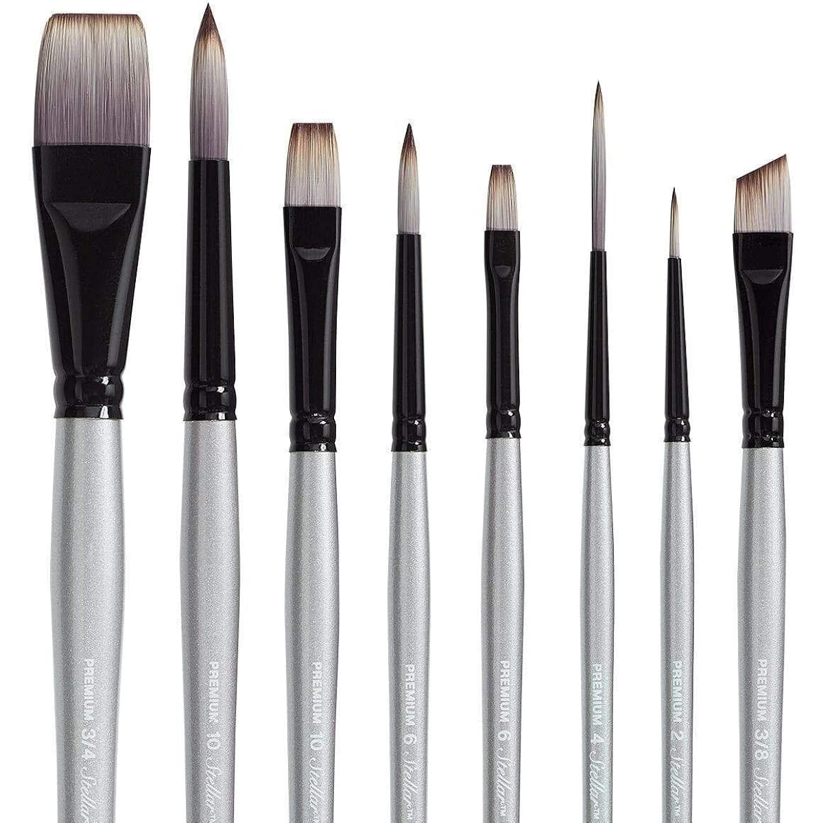 KINGART 1030A Stellar - Synthetic Mix 8 Piece Paint Brush Set Assorted Brown, Silver, Black