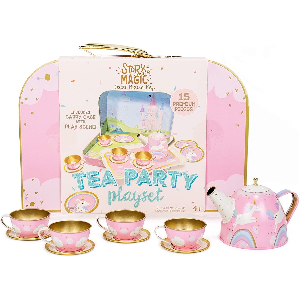 Horizon Group USA Story Magic Tea Party Playset, Unicorn Tea Set, Pretend Play, Play on the Go, Includes Unicorn Storage Carry Case, Teapot, Teacups, Plates and Saucers, Ages 4 and up.