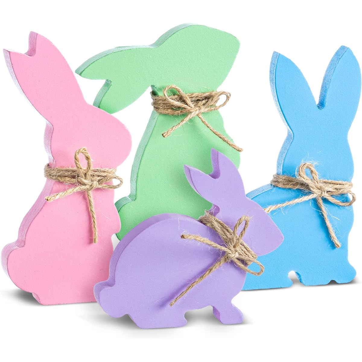 Whaline Easter Bunny Wooden Sign 4 Designs Easter Wooden Table Centerpiece with Jute Hemp Rope Free Standing Rabbit Shape Tabletop Decor Spring Birthday Home Office Gift