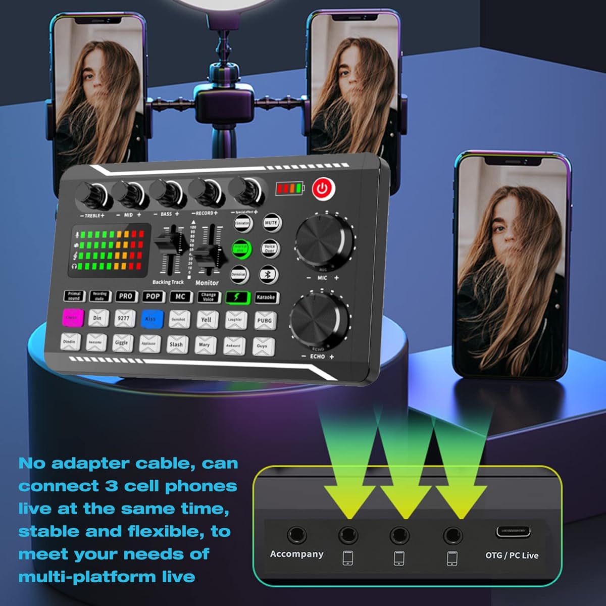 Sound Mixer Board Voice Changer Sound Card with Multiple Sound Effects Live Sound Card for Live Streaming Audio Mixer for Music Recording/Karaoke/Singing/Broadcasting