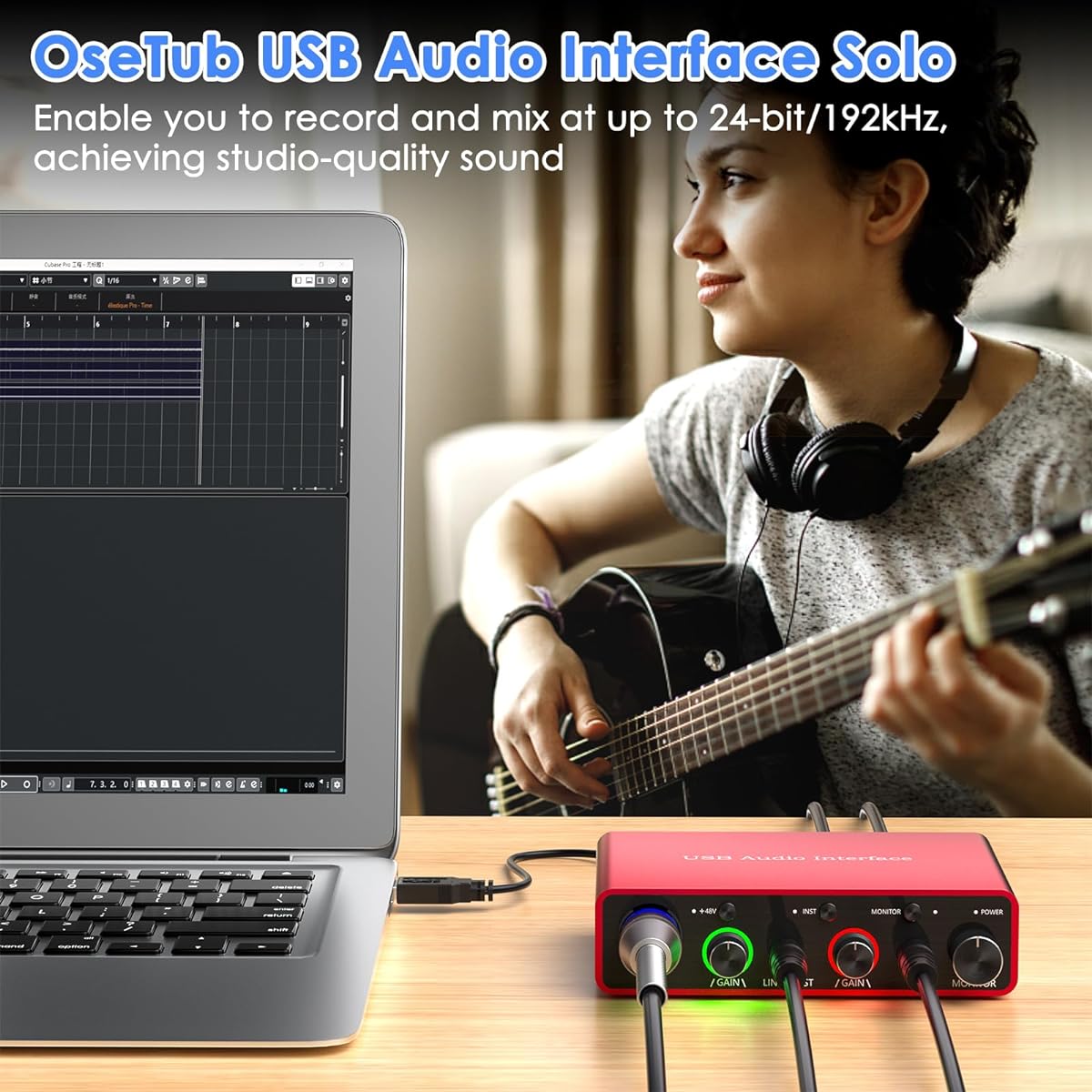 OseTub USB Audio Interface Solo 24-bit/192kHz 48V Phantom Power Compatible with Most DAWs and Recording Software USB Audio Interface Perfect for Podcast Recording and Live Streaming Plug and Play, OT-AR001B