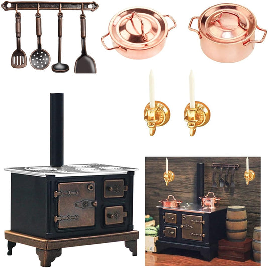 10 Pieces Miniature Furniture Cooking Stove Mini Retro Metal Stove with Miniature Wall Candle Holder Mini Pot Mini Spoon Shovel Cookware Tools 1:12 Scale Kitchen Decoration