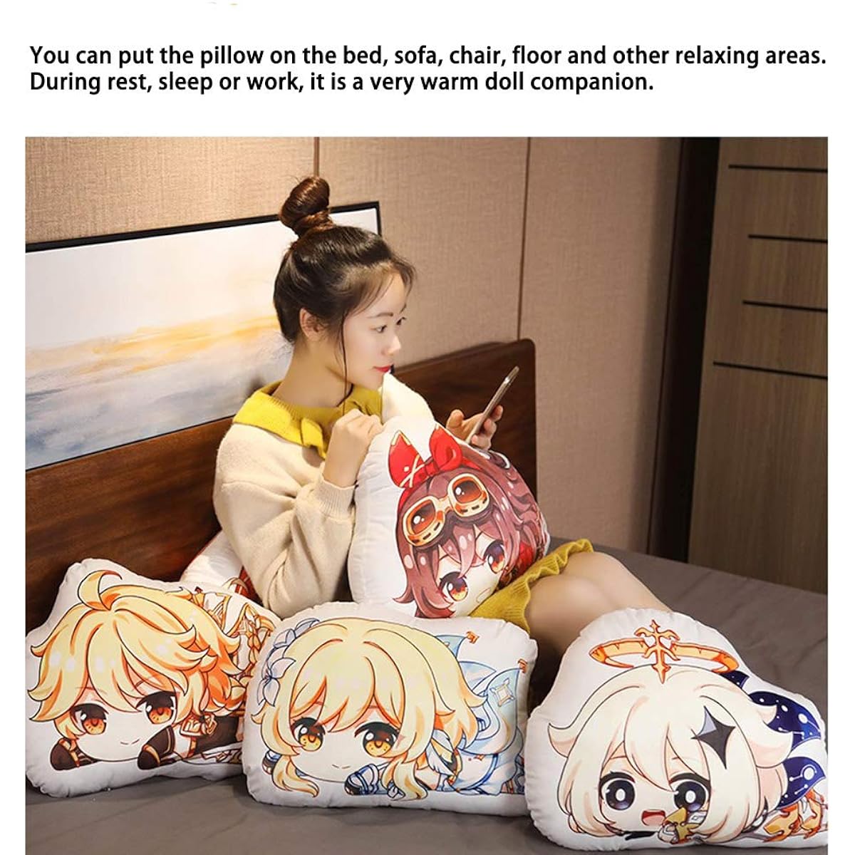 Genshin Impact Body Pillow, Anime Plush Kawaii Soft Gaming Body Pillow, Double Sided Image Print with Zipper, Stuffed Body Pillow, Toy Gift, Travel Luminous Amber Klee Monsstat 18"x14", Series A
