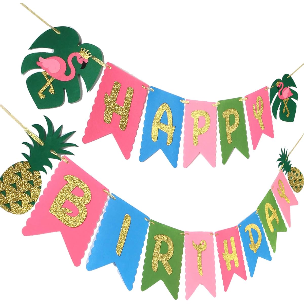 Hawaiian Birthday Party Decorations Luau Summer Pool Party Glitter Gold Birthday Banner Aloha Party Coconut Palm and Beach Party Happy Birthday Banner Photo Props
