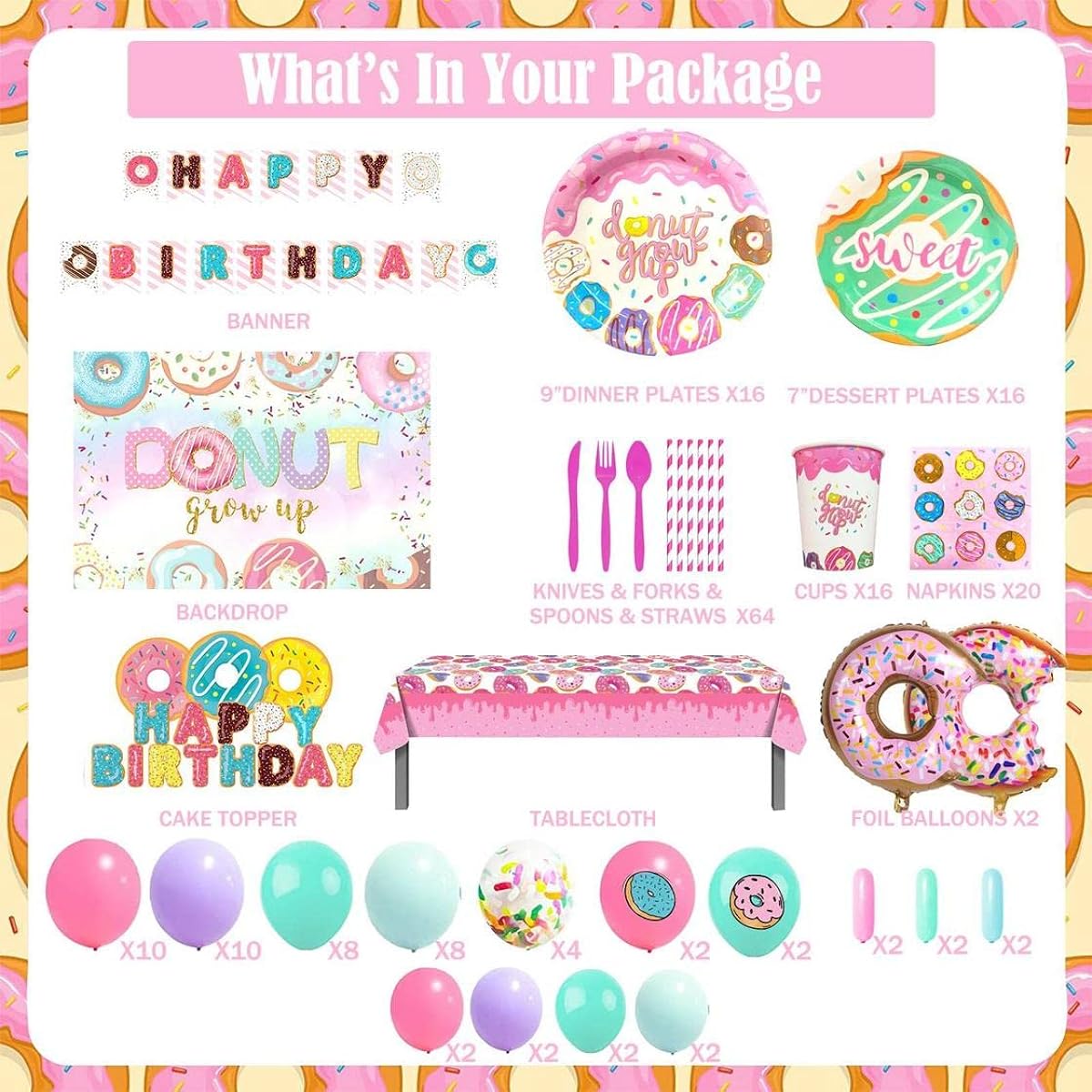 Hombae Donut Themed Party Supplies, 196 Pieces Donut Growing Up Birthday Party Supplies Decorations Girl Backdrop Balloons Garland Banner Tablecloth Cake Topper Plates Napkins Cups Straws Knives Forks Spoons