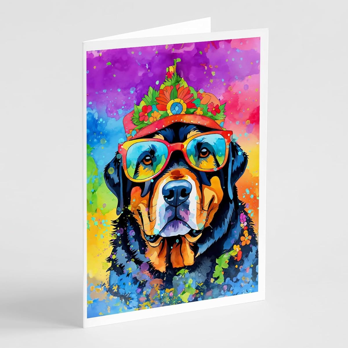 Caroline's Treasures DAC2547GCA7P Rottweiler Hippie Dawg Greeting Cards 8 Pack with Envelopes Whimsical A7 Size 5x7 Blank Note Cards