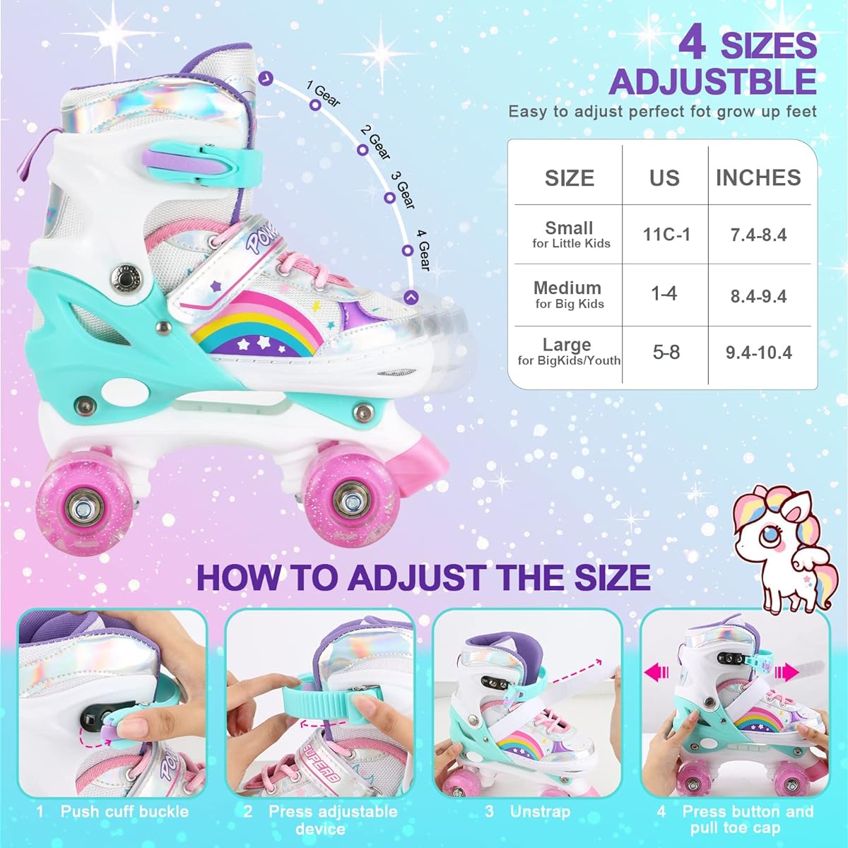 Roller Skates for Girls Kids Toddler Beginner Adjustable 4 Sizes Kids Roller Skates for Adults and Youth with Light Up Wheels Patty Impala Ninia for Outdoor Indoor Sports