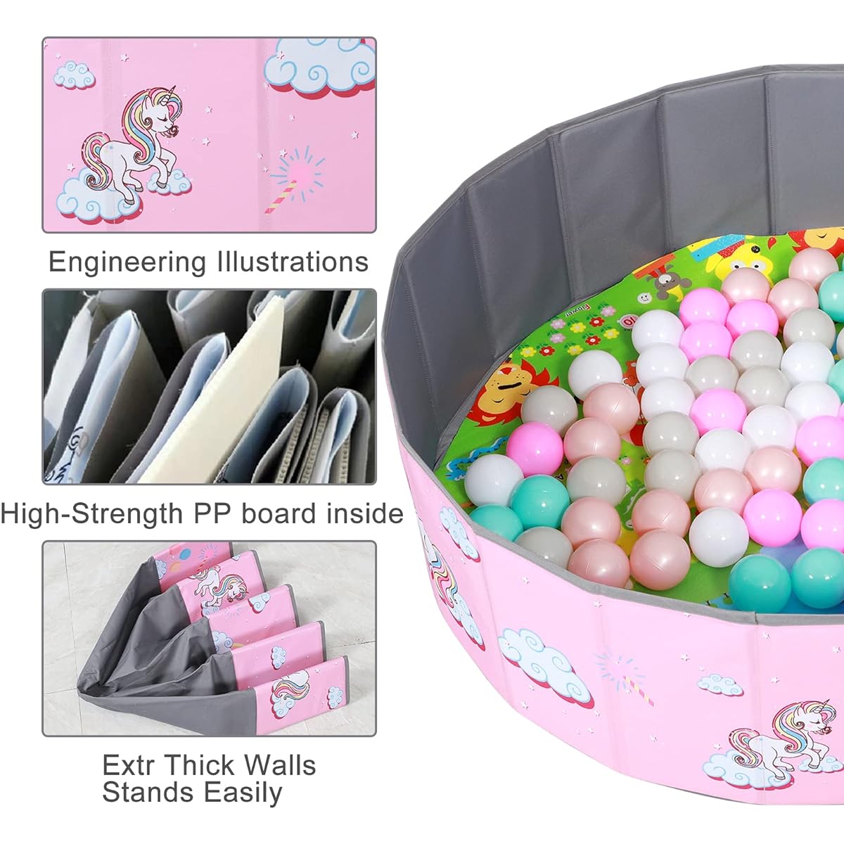 LimitlessFunN Foldable Double Layer Oxford Cloth Kids Ball Pit, Play Ball Pool with Storage Bag (Balls Not Included), Playpen for Toddlers (32 Inch, Small Rainbow Unicorn)