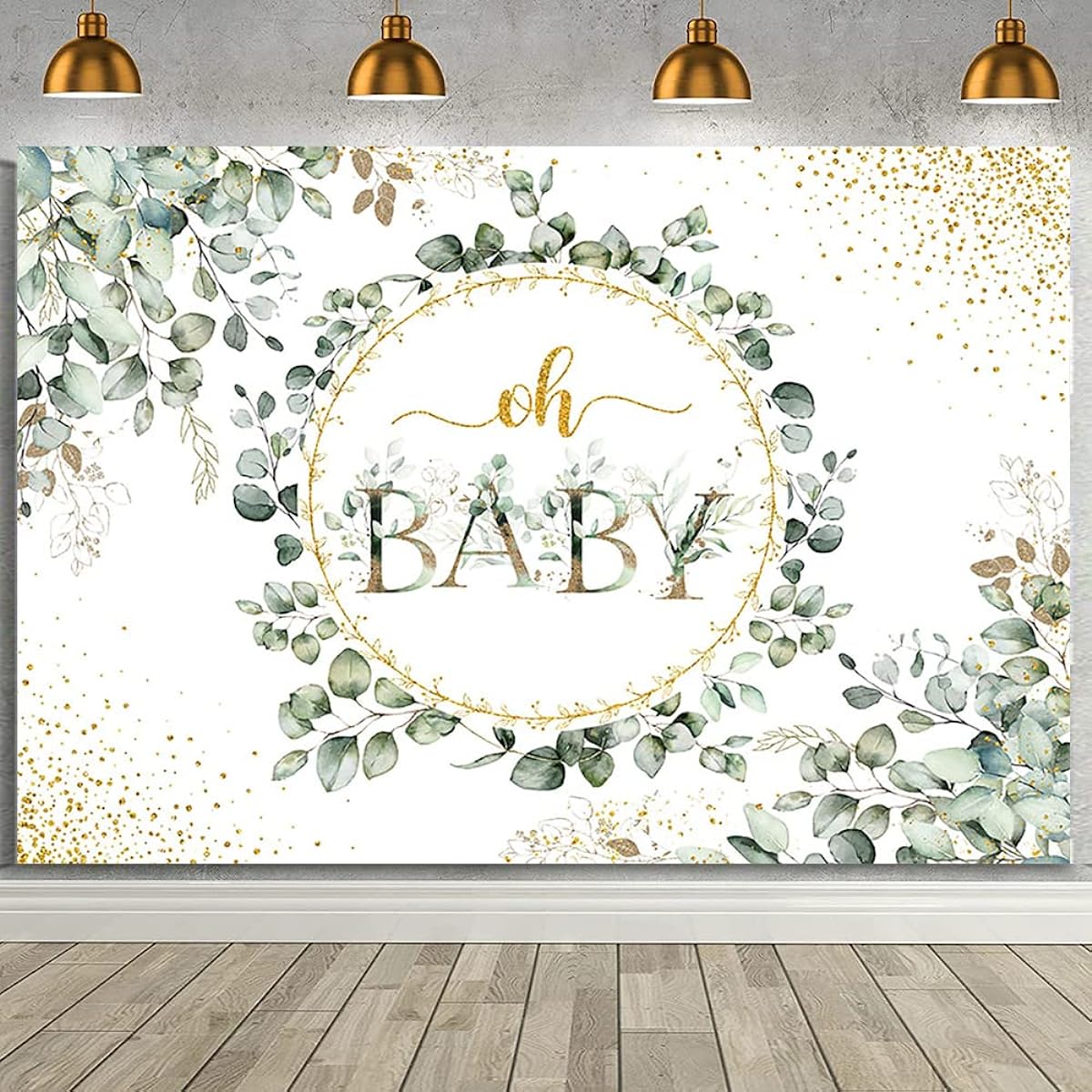 AIBIIN Green Baby Shower Backdrop Banner Oh Baby Shower Decoration Banner Green Eucalyptus Gender Reveal Newborn Party Backdrop for Cake Table Vinyl 7x5ft