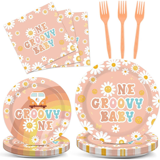 96 Pieces Hippie 1st Birthday Tableware Groovy Baby Birthday Decorations Groovy One Party Plate Napkins for Newborn Retro Boho Baby Shower Party Decor Supplies