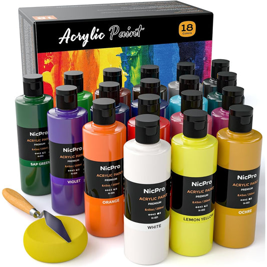 Acrylic Paint Set 18 Colors Large 8.5oz/250ml Artist Painting Supplies Bulk Non-Toxic for Multi-Surface Canvas Wood Fabric Leather Cardboard Paper Craft Hobby with Color Wheel