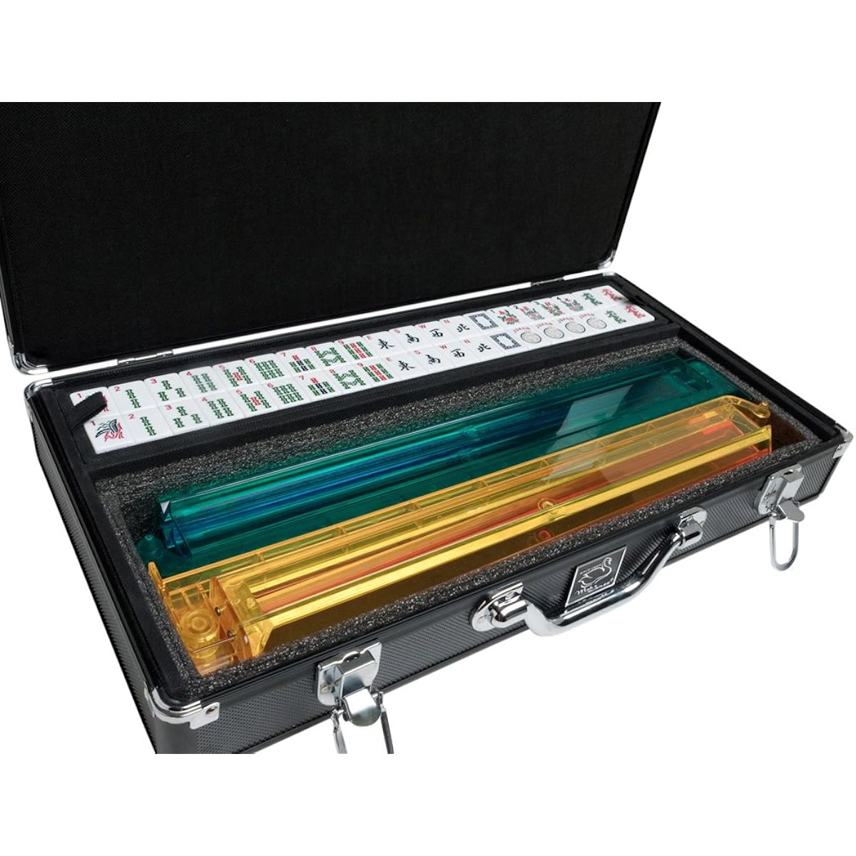 White Swan Mah Jongg Set - White/Burgundy Tile - Modern Pusher Arm - Aluminum Case - Black