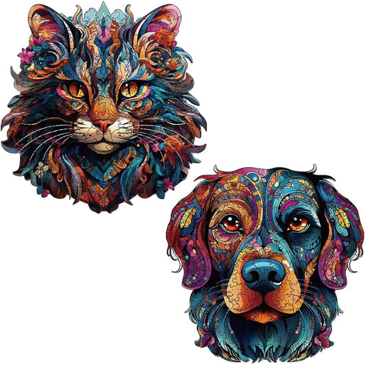 2 Piece Wooden Jigsaw Puzzle Set for Adults, Unique Shape Woodcut Puzzle, Best Gift for Adults and Kids, 11.8x11.8 Inch (Dog and Cat)