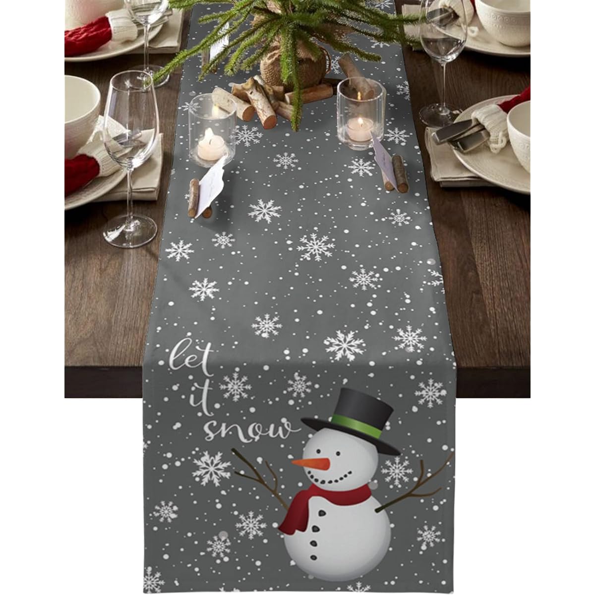 Falaniique Farmhouse Christmas Snowman Winter Snowflake Table Runner, 36" Long Cotton Linen Kitchen Dinner Table Runner, Burlap Table Runner for Table/Dresser/Dining/Party/Wedding