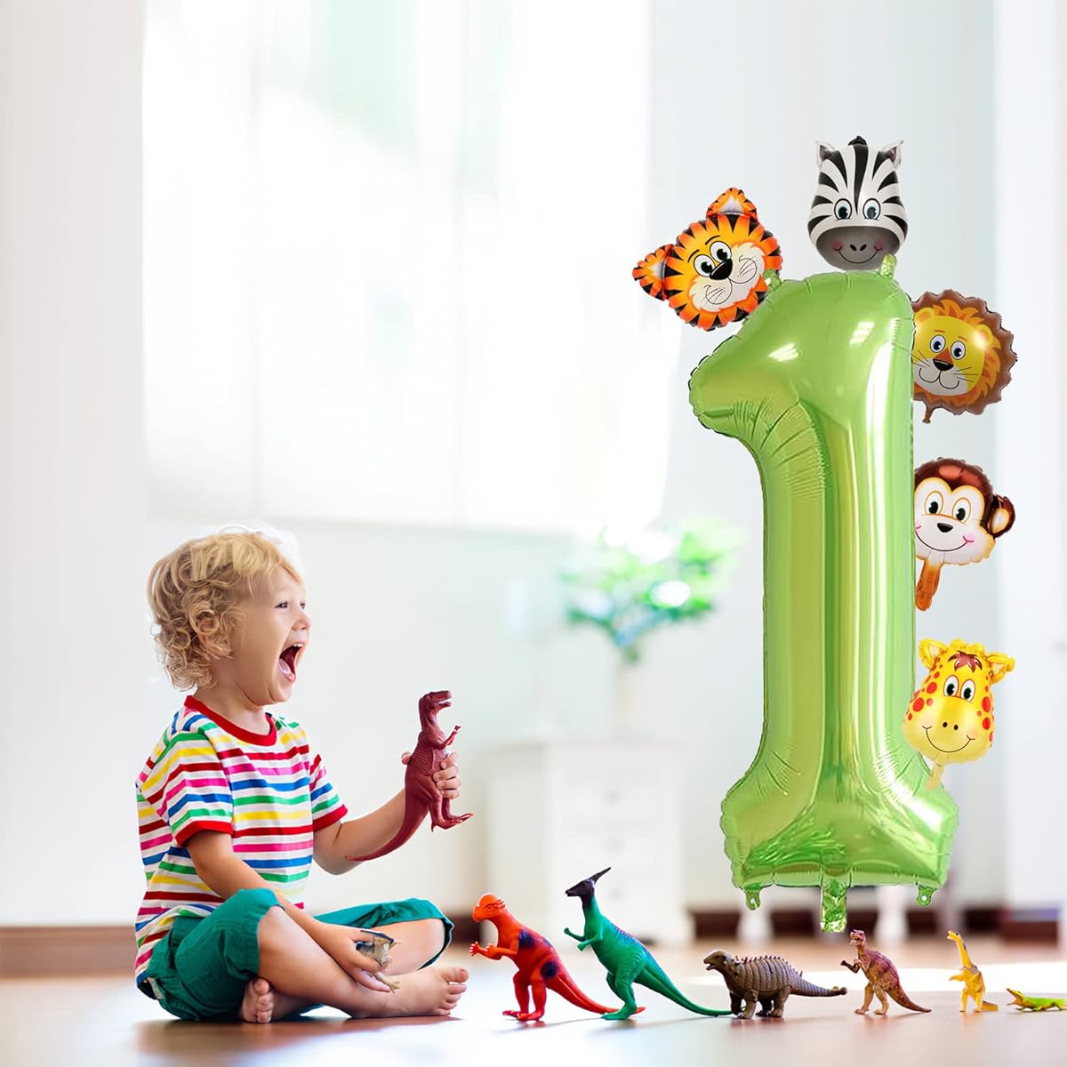 40inch Green Number 1 Mini Jungle Animal Balloons Tiger Lion Giraffe Monkey Zebra Animal Foil Balloons for Kids Birthday Cute Baby Shower Party Decorations