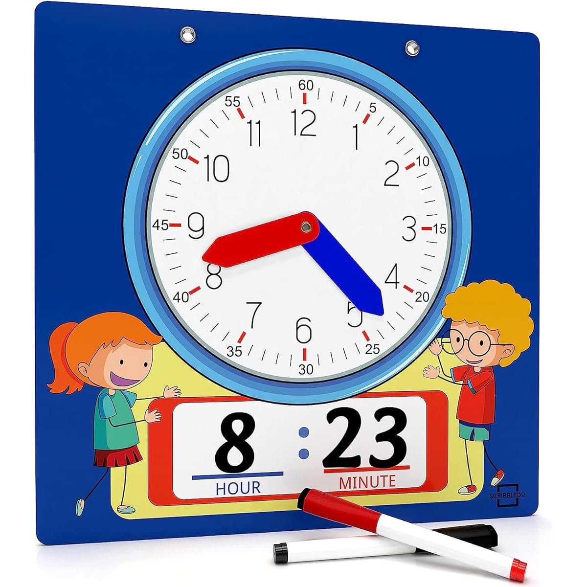 Scribbledo Writable Whiteboard Learning Clock for Kids, Write & Wipe Demonstration Clock for Kids, How to Tell Time, Classroom and Homeschool Supplies