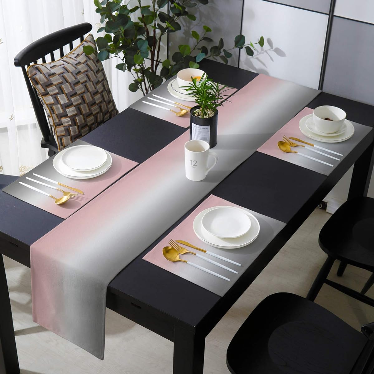LaBLUUX Table Runner with 6 Placemats, Gradient Color Pink Grey Cotton Linen Dining Mat Set Heat Resistant Washable for Dining Table/Kitchen/Living Room/Office/Picnic 16x72 Inch