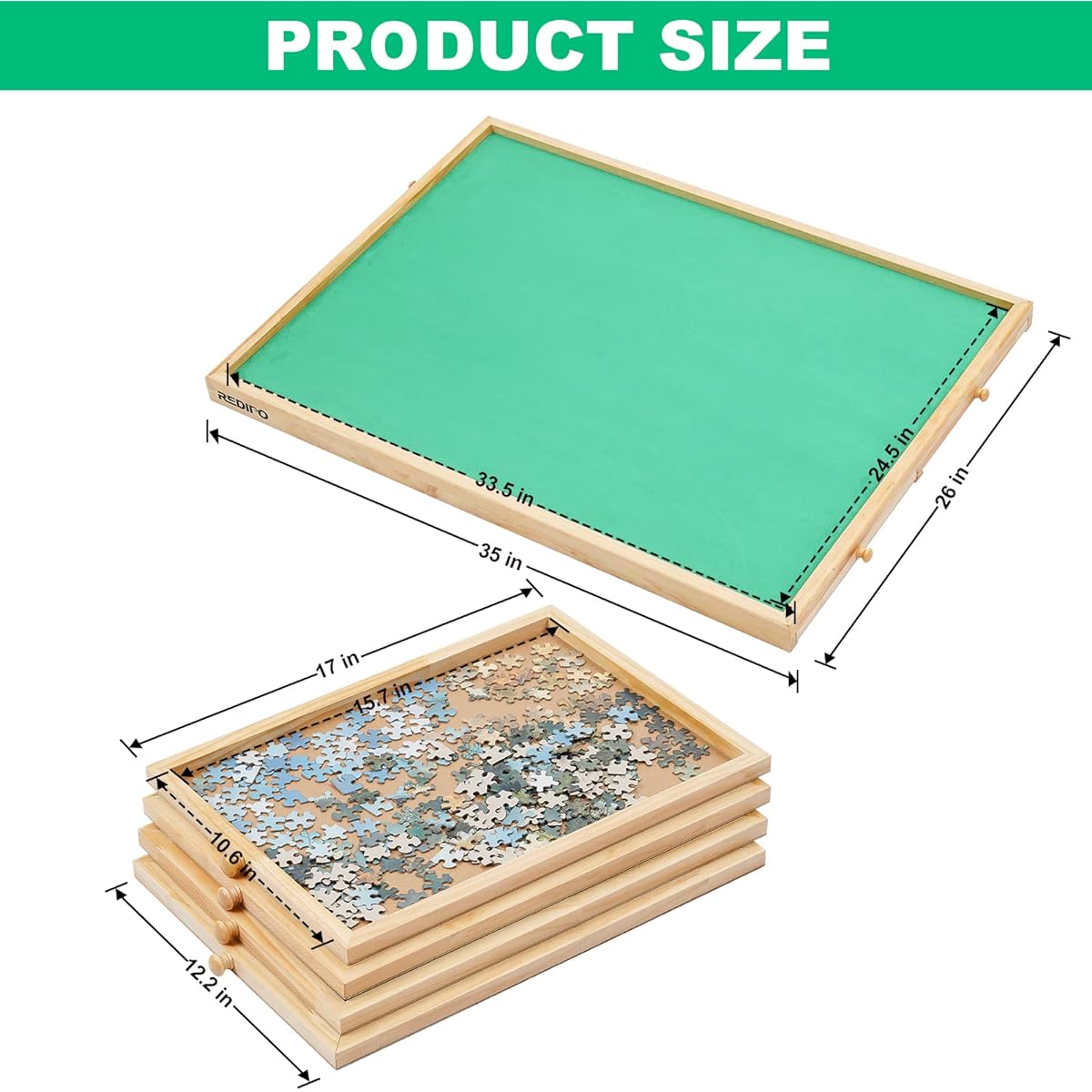 Redipo 1500 Piece Wooden Jigsaw Puzzle Board with 4 Drawers for Puzzle Storage, 26" x 35" Large Portable Jigsaw Puzzle Table with Puzzle Cover, Non-Slip Plateau Work Surface for Adults and Kids