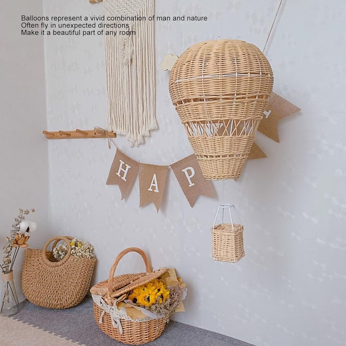 RXMORI Hot Air Balloon Handmade Rattan Woven Wall Hanging Decoration Floating Balloon Photo Props for Kids Room Party