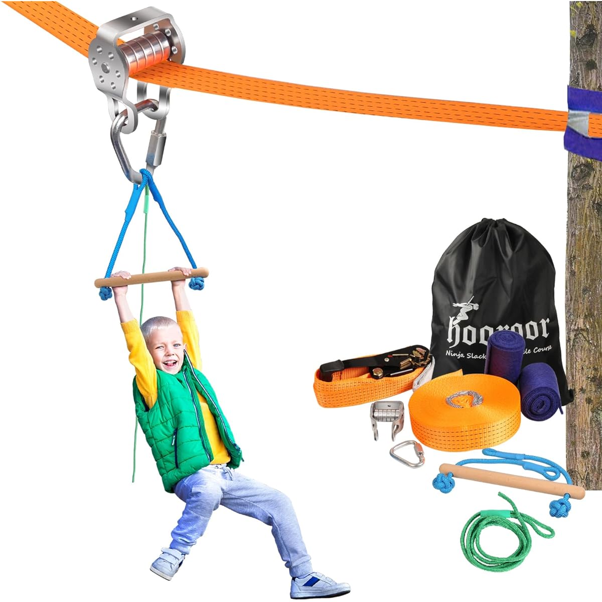 hooroor Slackline Pulley with 52ft Zip Line, Monkey Bars, Ninja Warrior Obstacle Course for Kids & Adults Backyard Outdoor Toys Playset Jungle Gym