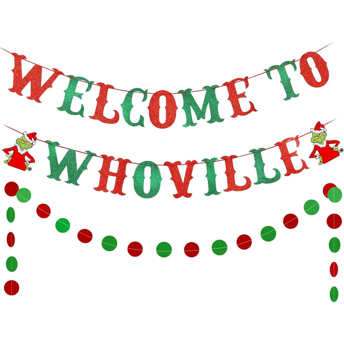 Welcome To Whoville Banner, Red and Green Glitter, Whoville Christmas July Decor, Grinch Christmas Decor, Mary Grinch Banner for Fireplace Mantle Home, Christmas Birthday Party Decor, Christmas Holiday Decorations