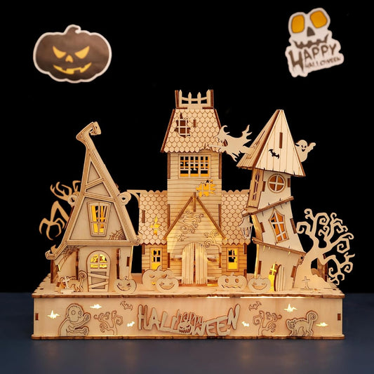 3D Wooden Halloween Haunted House Puzzle, Wooden Creative Glow in the Dark Haunted House Puzzle Building Model Construction Kit for Adults & Kids Halloween Decoration Model Kit