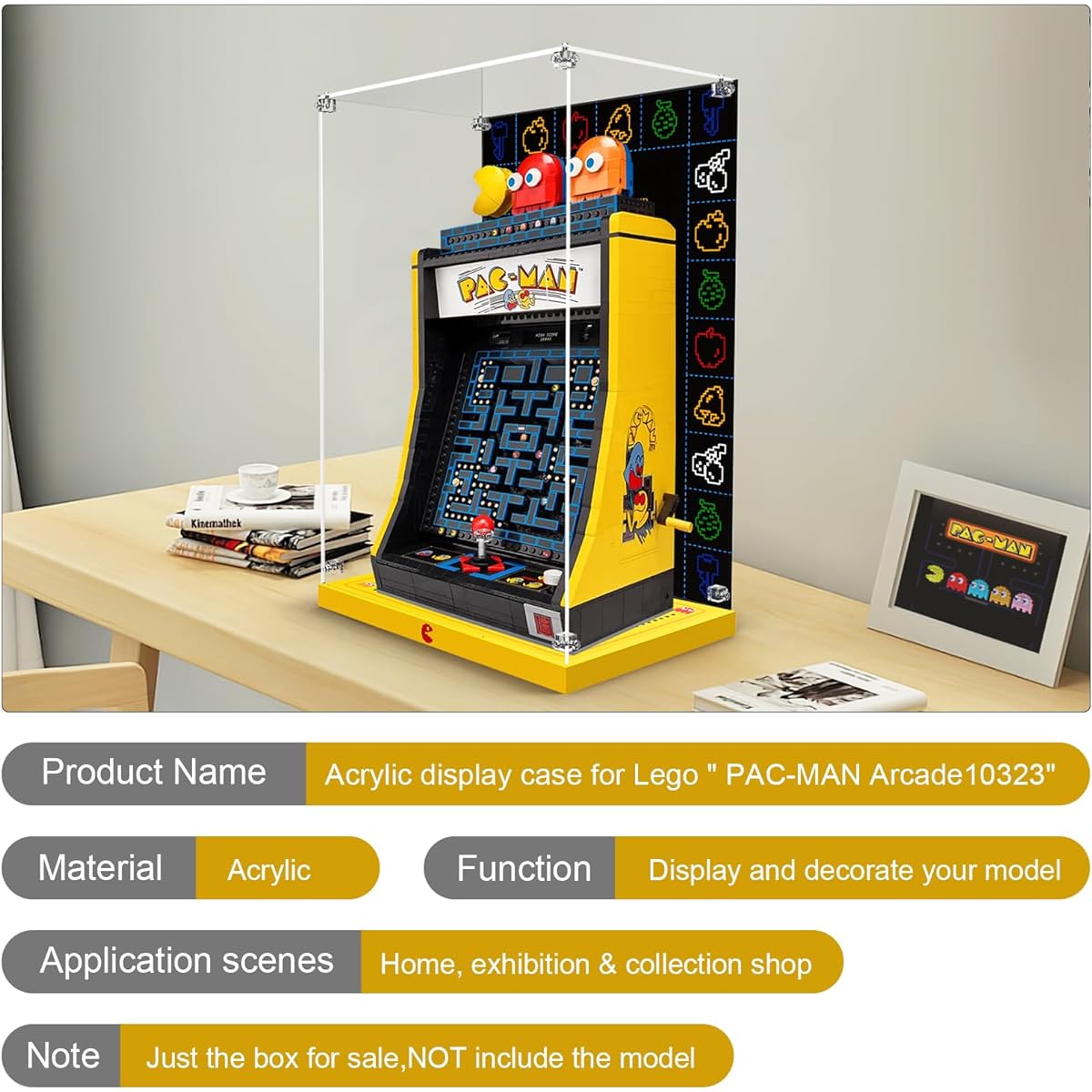 Acrylic Display Case for Lego Pac-Man Arcade Machine Building Toy Set, Dustproof Display Box for Lego Pac-Man Arcade Machine 10323, Customized Decorative Box & HD Paint Background.