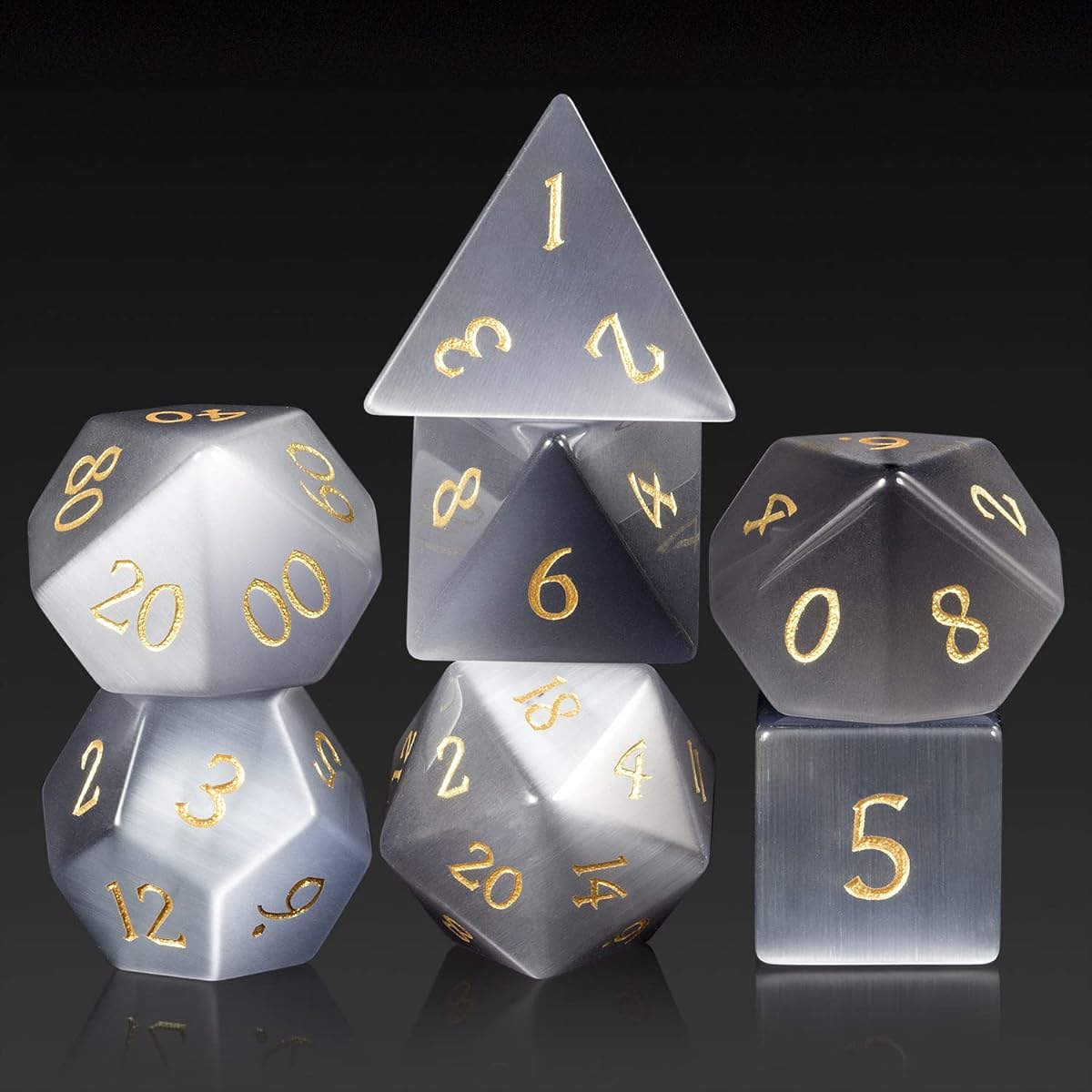 DNDND Cat's Eye Gemstone Dice - 7 Crystal DND Dice with Huge Gift Case for Dungeons & Dragons D&D Tabletop Game (Grey Cat's Eye)