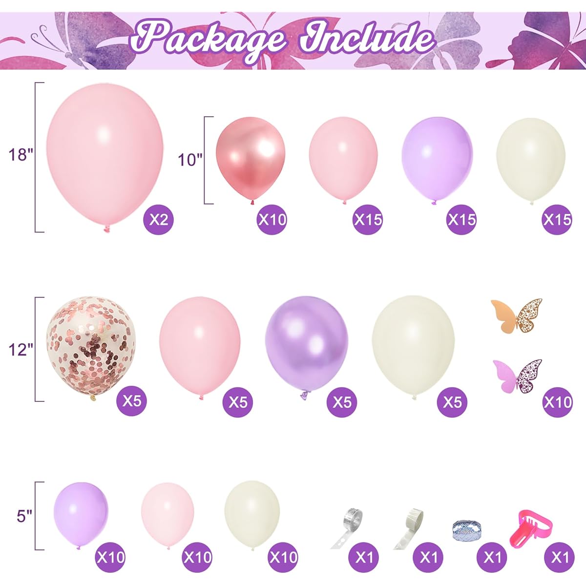 Pink Balloon Garland Arch Kit 151pcs Rose Gold White Pink Purple Balloons Confetti Latex Balloons Butterfly Stickers Decorations for Birthday Party Wedding Baby Shower Decorations