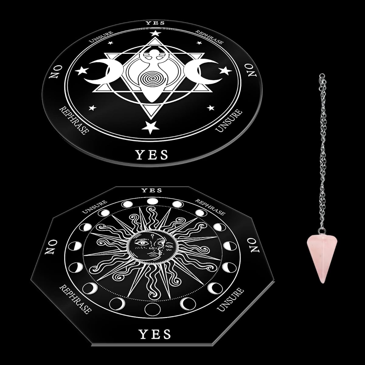 AHANDMAKER Acrylic Pendulum Board Set 2 Styles Planchette with Stainless Steel Cable Chain and Natural Rose Quartz Stone Pendant Magical Tools Spirit Altar Sun Pattern