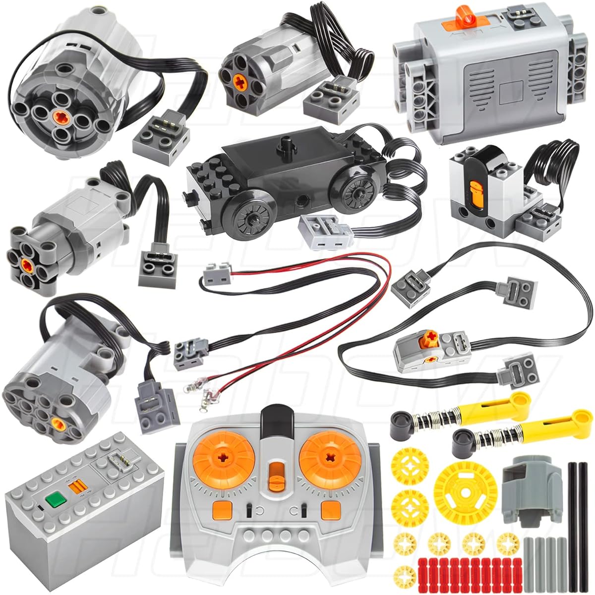 ion Technic Parts Kit: M Motor, L Motor, XL Motor, Train Motor, Servo Motor, AA Battery Box, AAA Battery Box, Power Function Light, Extension Wire, Control Switch, IR Receiver, IR Speed Remote Control etc. are included. Compatible with Lego motor kits.