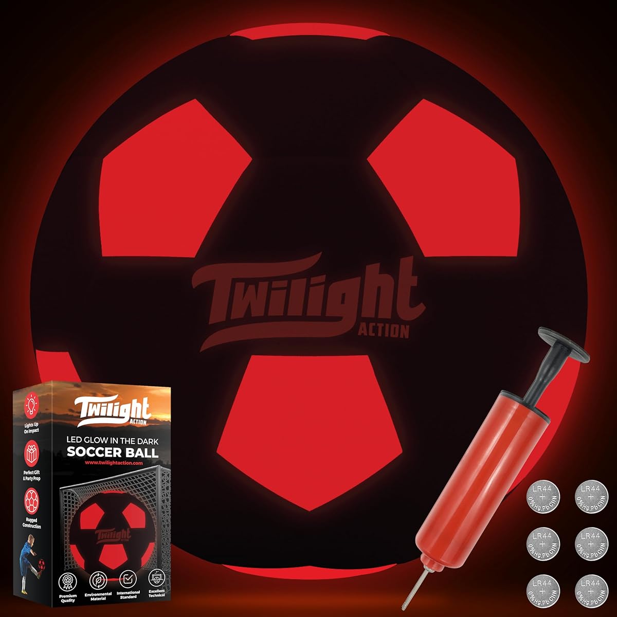 TWILIGHT ACTION Glow in the Dark Soccer Ball Size 5 - Nighttime Play for Kids, Teens and Adults - BPA Free, Complete Kit with Box - Includes Light Up Ball, Pump, Batteries and Replacement Tool