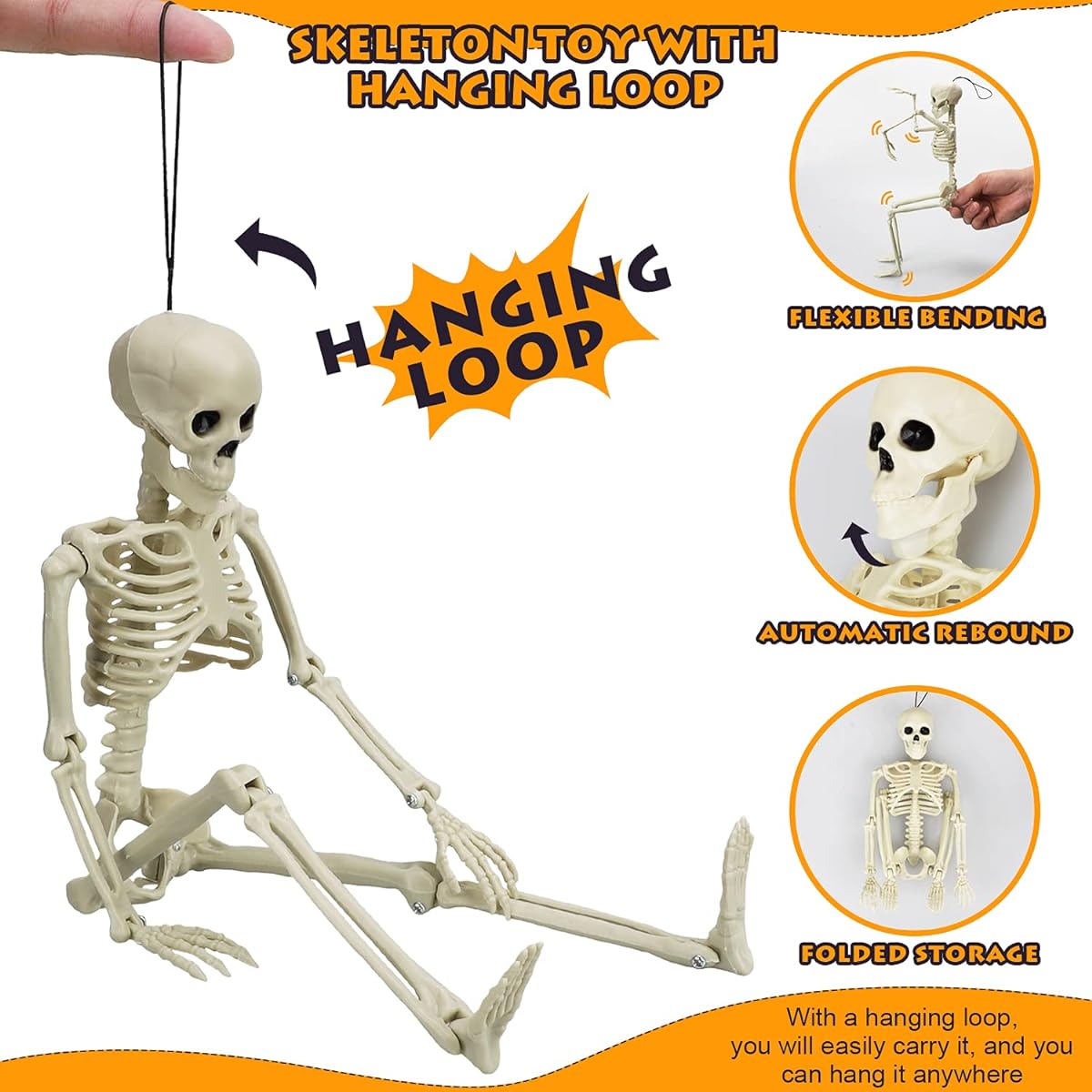TOY Life 6pcs Halloween Hanging Skeleton Decorations, 16" Poseable Skeletons Halloween Decorations Full Body Movable Joint Plastic Skeletons Small Skeleton Decor Halloween Party Decorations Indoor