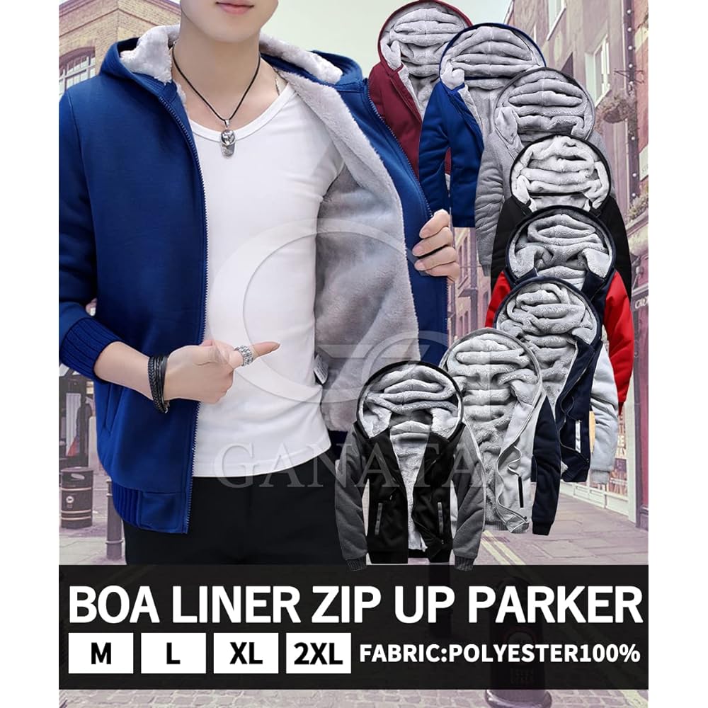 [Ganata] Boa Back Zip Up Parka Casual Sweatshirt Thick Jacket Hooded Outerwear Autumn Winter Plain Men's