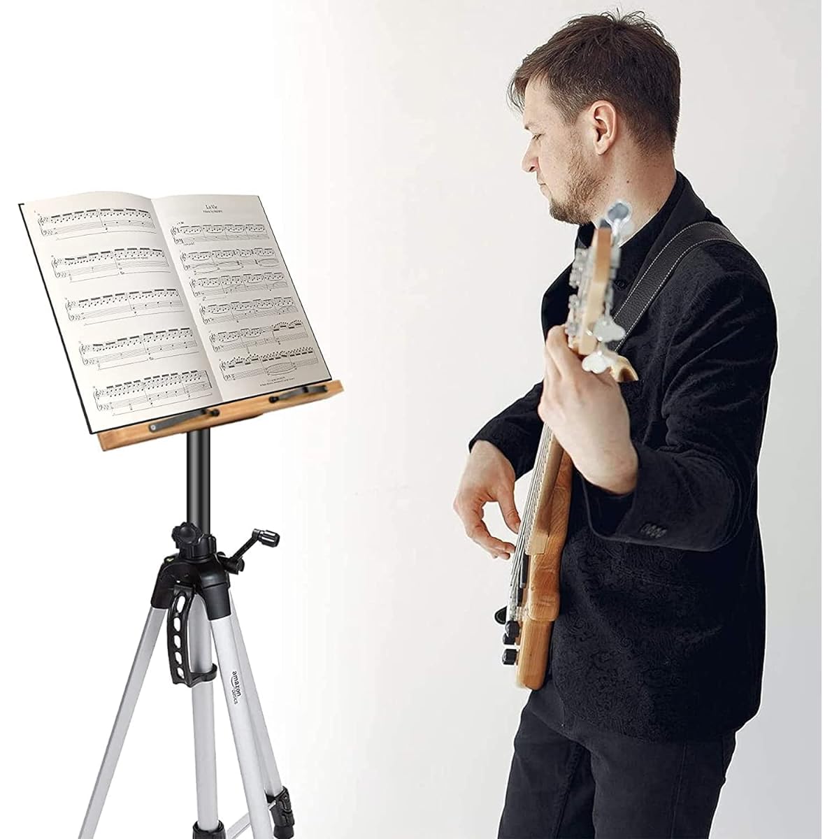 3-in-1 Music Stand for Sheet Music, XL 16" x 12" Metal Clip with Bamboo Holder & 60" Tripod for Camera/Projector, Portable Height Adjustable Drawing Easel Cookbook Stand Desktop Floor, Carry Bag