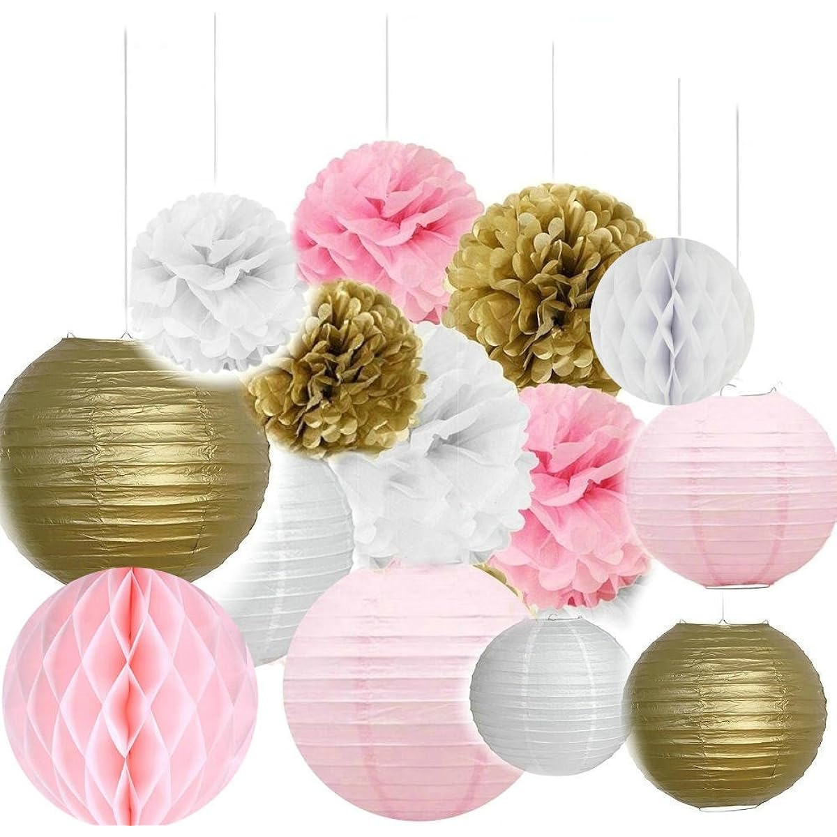 Since 14 Pack 8 inch (20cm) Gold Pink White Paper Craft Tissue Paper Honeycomb Balls Lanterns Paper Pom Poms for Birthday Wedding Party Decorations