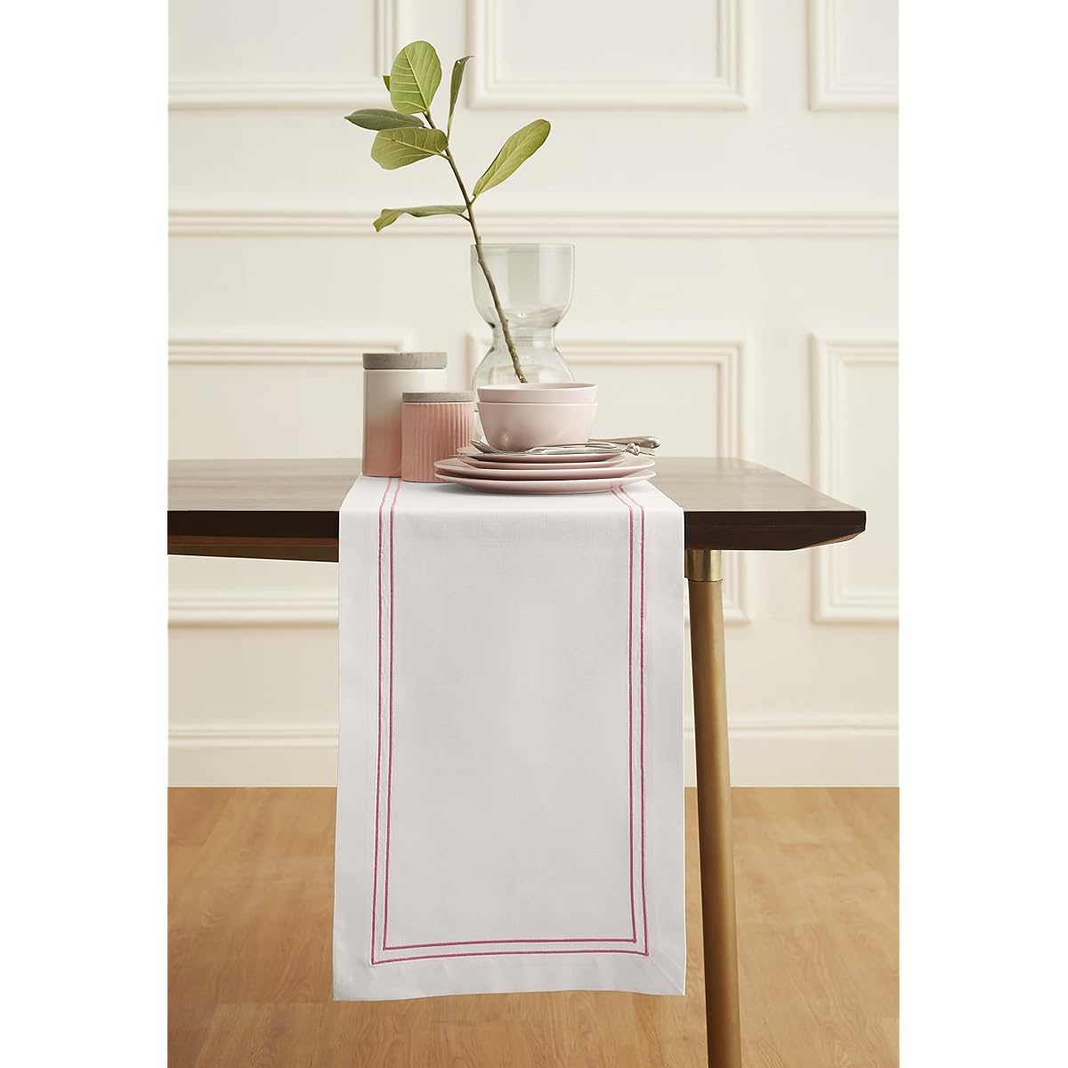 Solino Home Cotton Linen Table Runner - 14" x 90" White and Cosmo Pink - Machine Washable Embroidered Table Runner for Kitchen Dining - Positano Handcrafted from Natural Materials