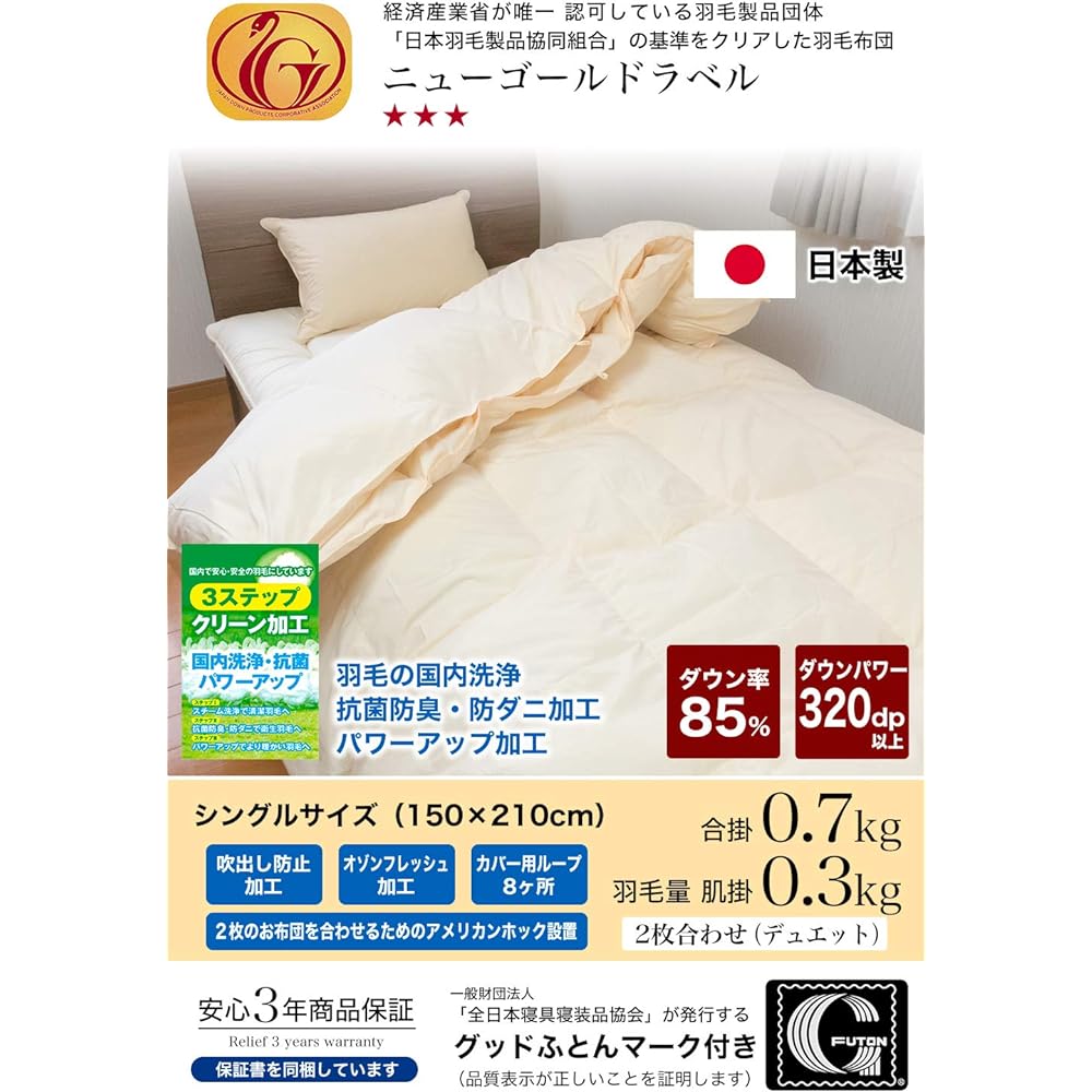 Annomi Factory Duvet Set of 2 (Duet) Single (0.7 kg, Thin Style 0.3 kg), Ivory Color, New Gold Label Certified Quality, Over 320 dp(135 mm Bulk), 85% White Down, Lightweight, New Synthetic Fabric Dust