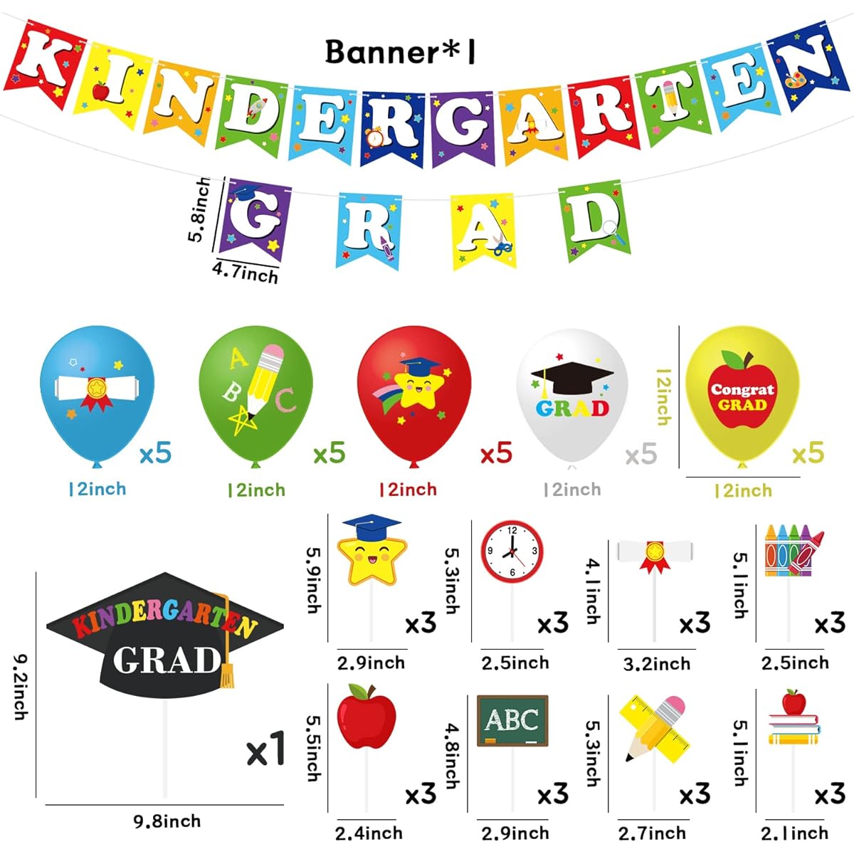 WATINC 51pcs Kindergarten Graduation Party Decorations, Congratulations on Preschool Graduation Gifts, Graduation Celebration Balloons Cake Toppers for Nursery Celebration Party Classroom Decorations