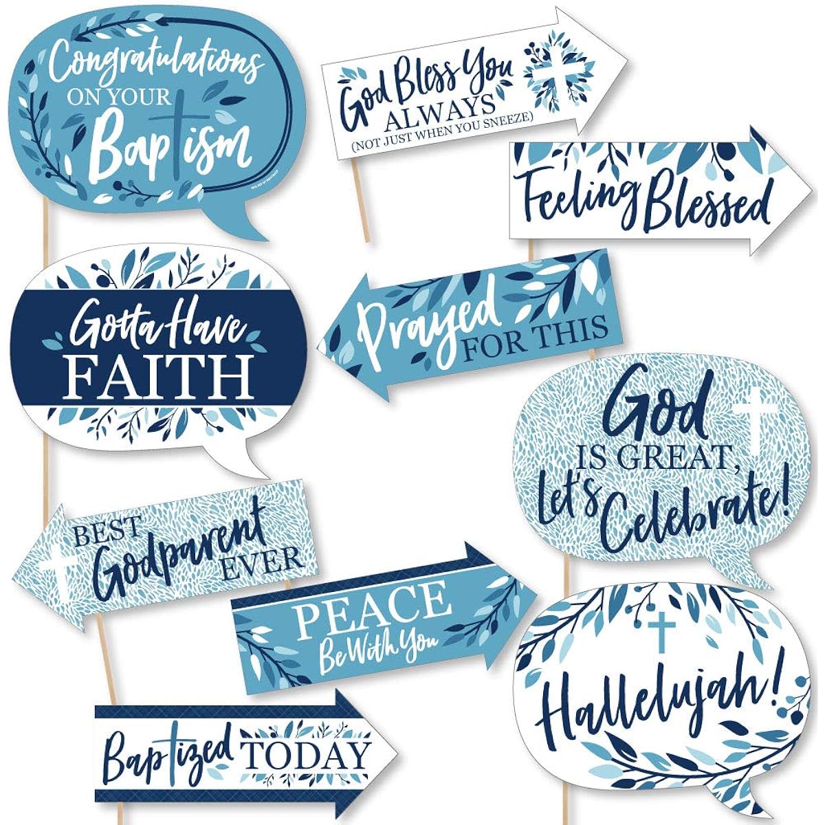 Funny Baptism Blue Elegant Cross - Boys Religious Party Photo Booth Prop Kit - 10 Pieces