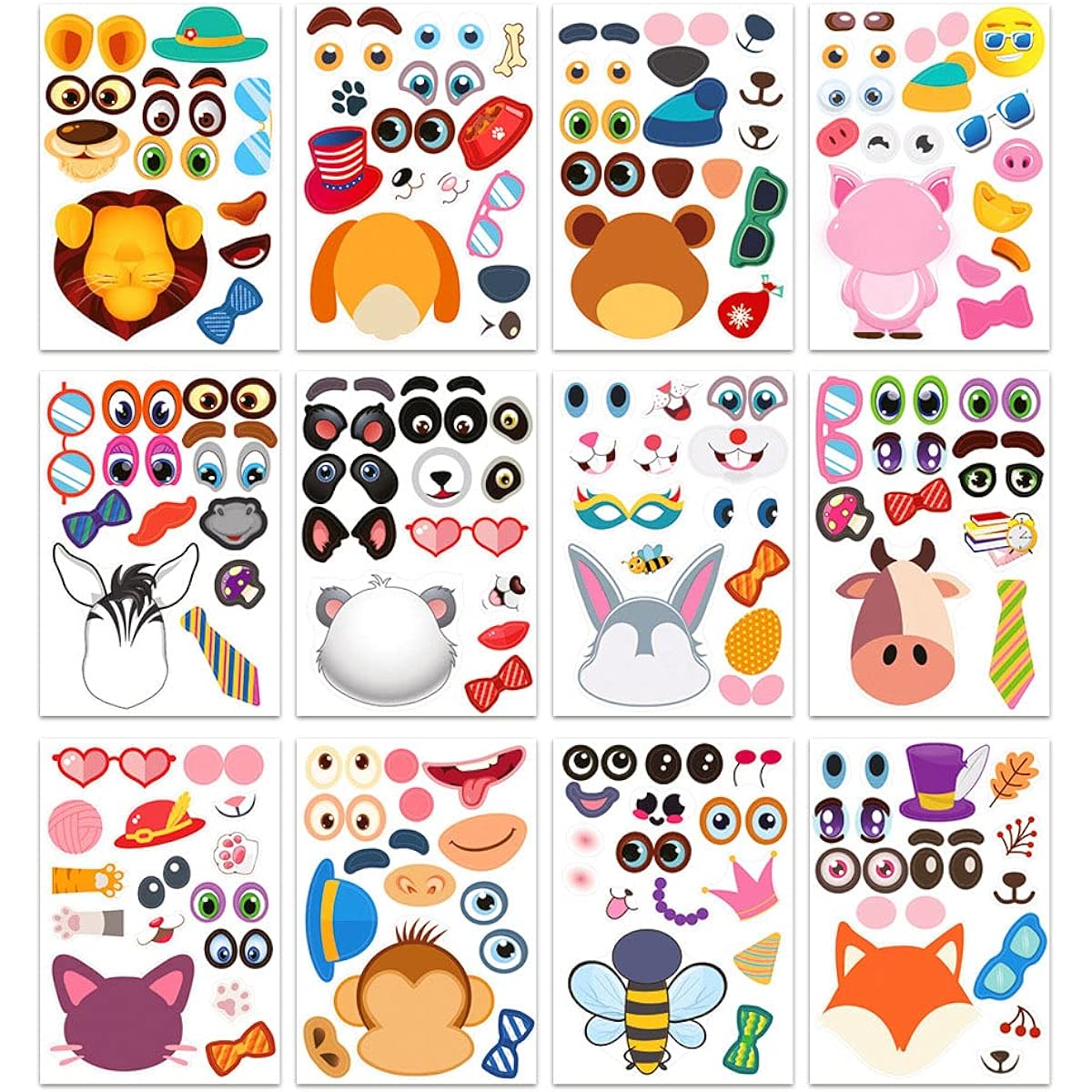 36 Pieces Face Makeup Sticker Sheet 12 Different Designs Cute Animal Faces (Pig Monkey Bear Dog) Sticker Pad Gift Gift Gift Gift Art Craft Party Favors School DIY Sticker Book Kids