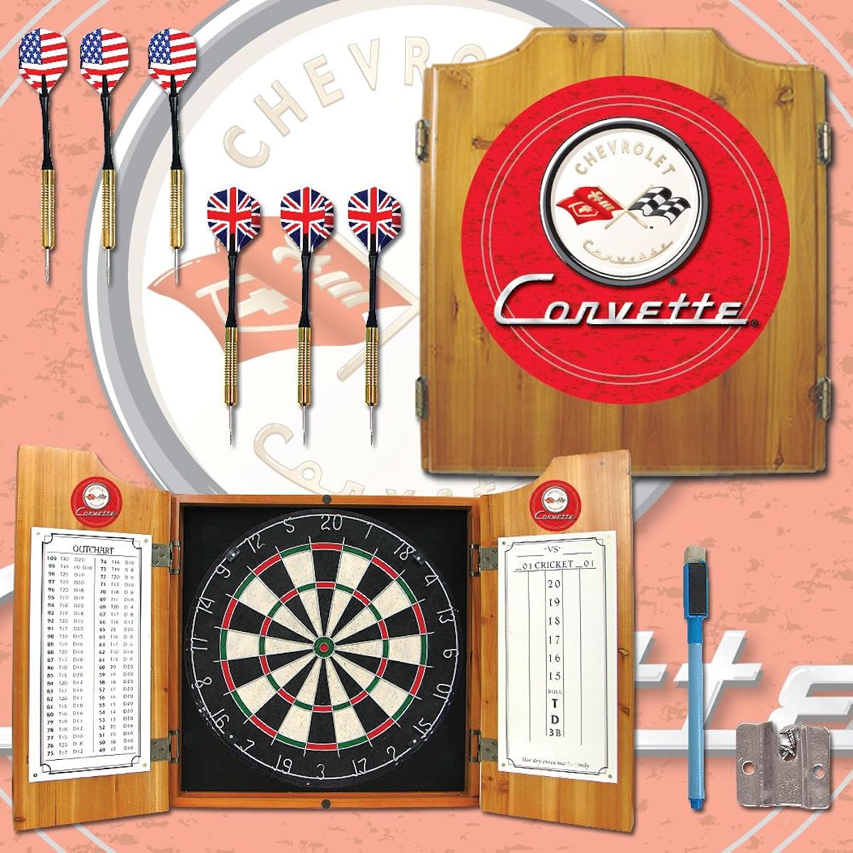 Trademark Corvette C1 Dart Cabinet includes darts and board (red)