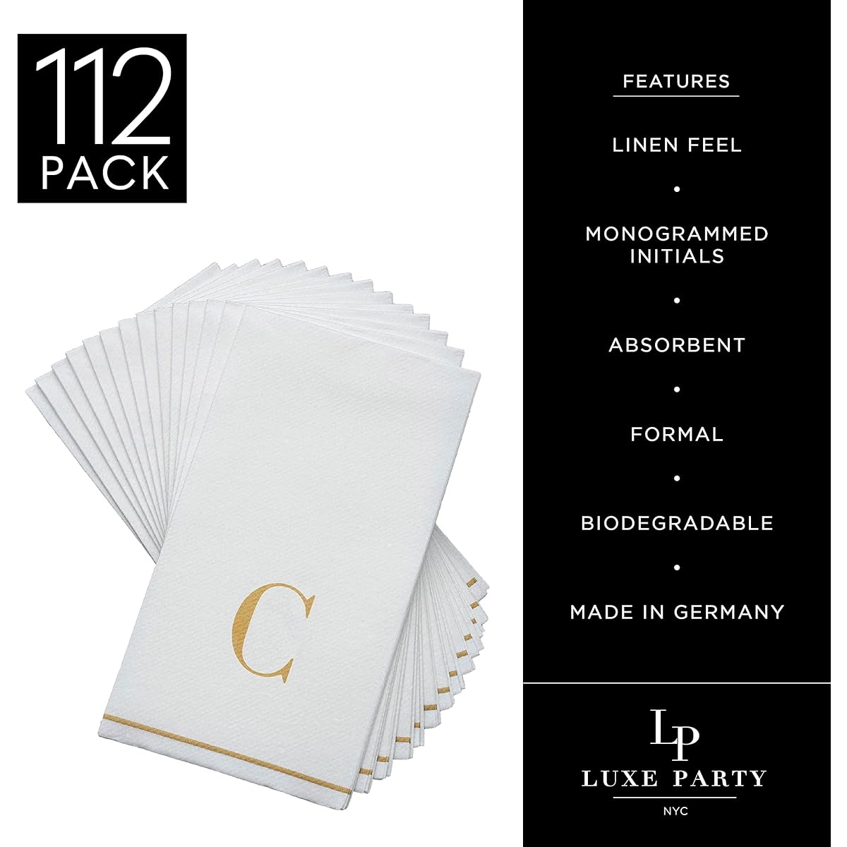 Luxe Party Monogrammed Napkins 112 Pack | Initial C | Disposable | Premium Airlaid | Linen Look | Decorative Table Settings | Guest Towel Napkins | White and Gold