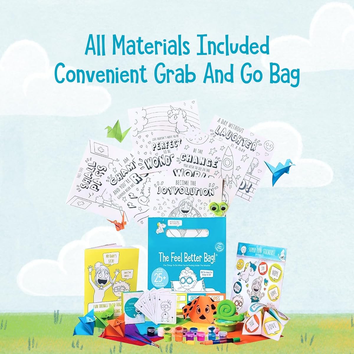 Open The Joy Feel Better Bag: Get Well Soon Kids Gift Basket with 25+ Fun Activities, Playing Cards, Origami Games, Clay Art, Great Gift for Kids After Surgery, Ages 4+
