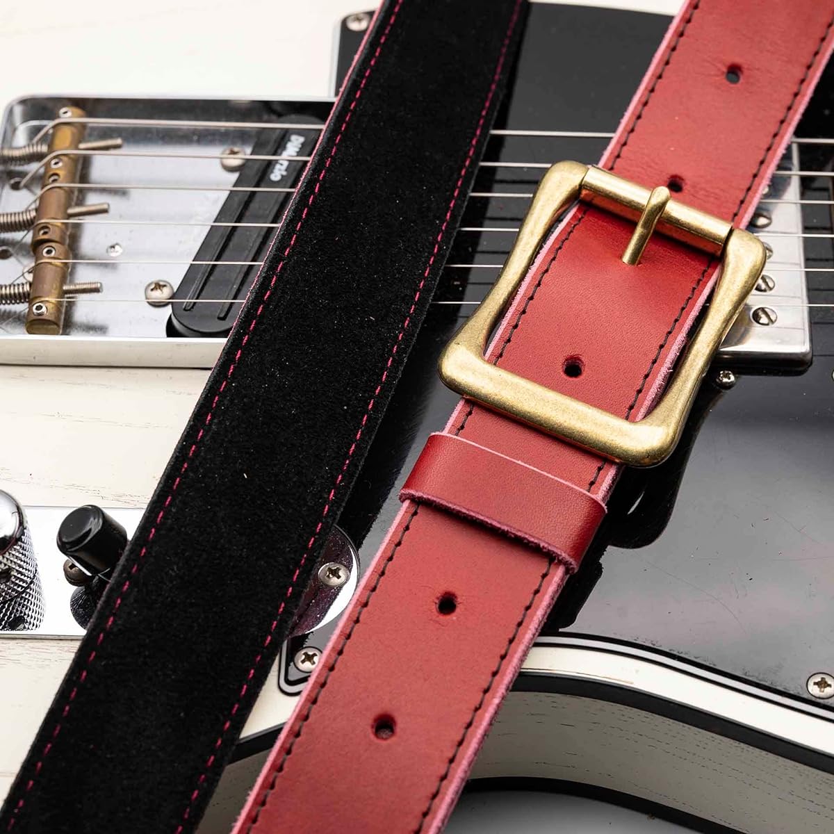 [GBD MUSIC] Made in Japan, Asakusa, Tokyo, luxury handmade guitar strap, leather, red/black, 35mm width, Banshu tanned oil leather/velor, solid brass lock