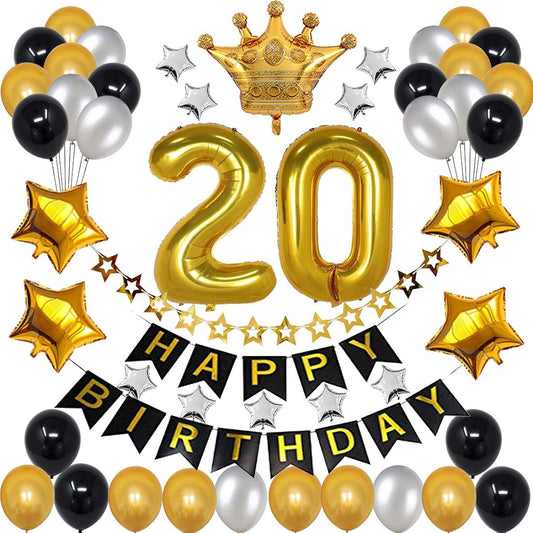 20th Birthday Decorations for Men Boys Women Girls Black and Gold Birthday Decorations for 20th and 2nd Happy Birthday Party Gold Number Balloons Happy Birthday Banner Gold Crown Balloons