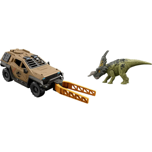 Mattel Jurassic World Truck & Einiosaurus Dinosaur Action Figure Toy with Flip Roll Function and Mission Mayhem Destruction Vehicle