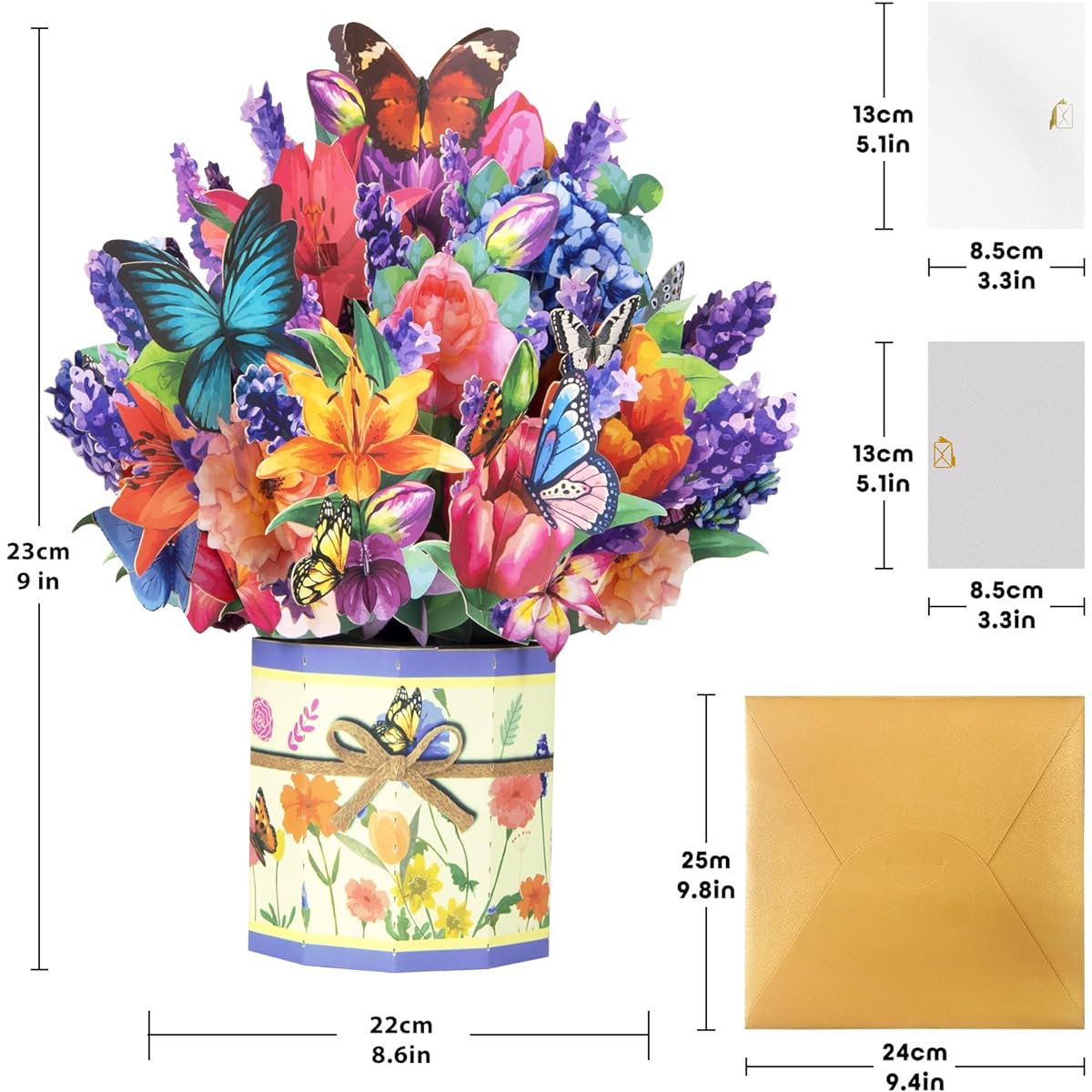Greeting Art Paper Pop Up Bouquet Card, Get Well Soon Pop Up Card, Rose Butterfly, 9" Forever Flower Paper 3D Pop Up Card with Note Card and Envelope for Birthday, Easter, Mother's Day, Women's Day